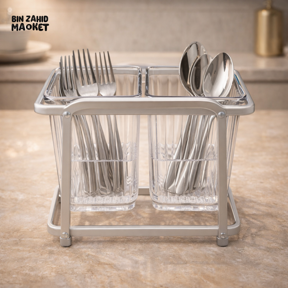 PREMIUM ACRYLIC CUTLERY HOLDER WITH METAL STAND – LUXURY BEIGE KITCHEN COUNTERTOP ORGANIZER
