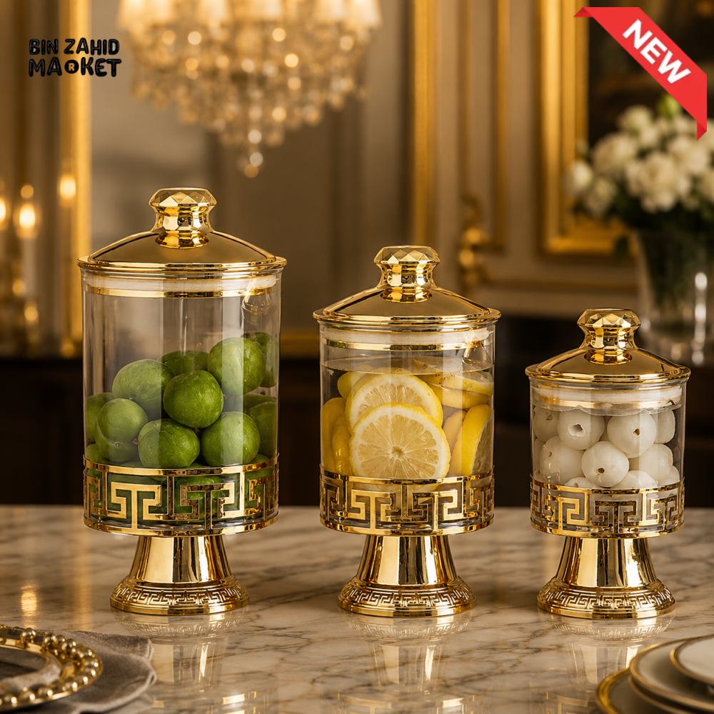 PREMIUM ACRYLIC STORAGE JAR SET WITH GOLDEN STAND - 3 PIECES