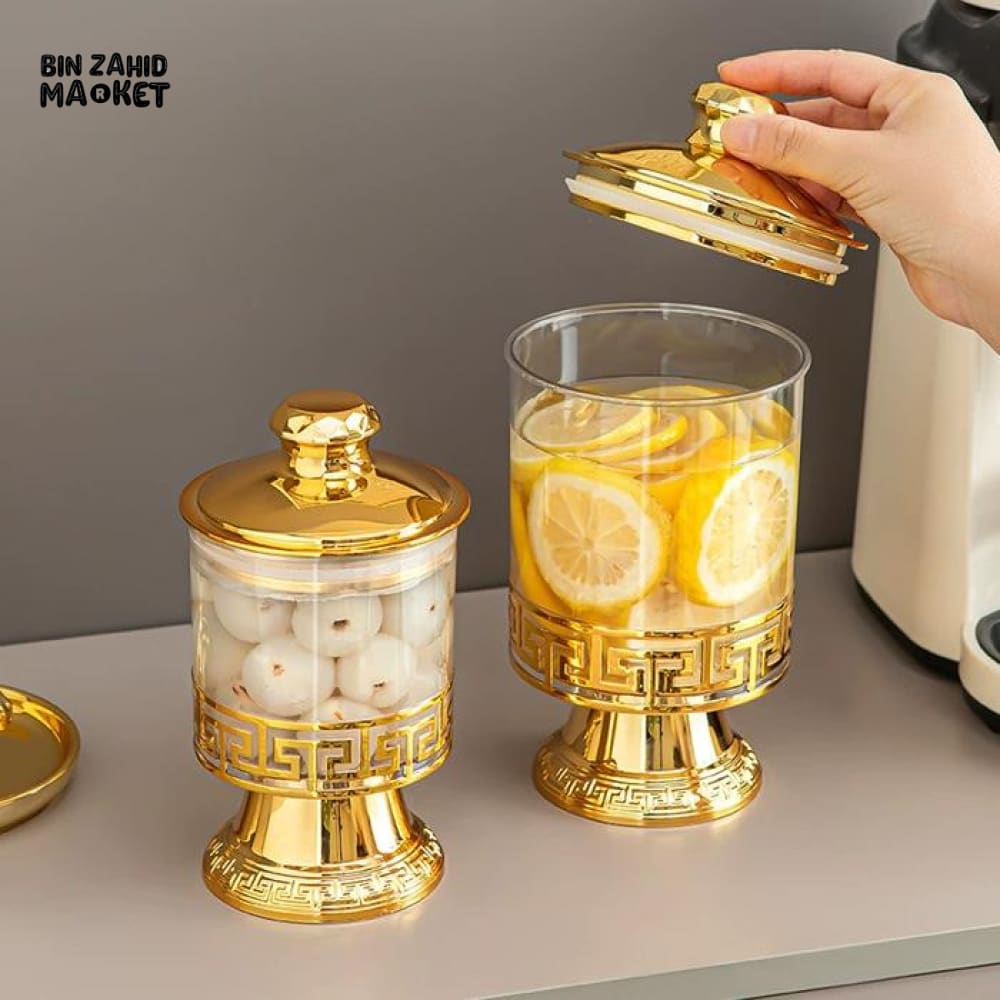 PREMIUM ACRYLIC STORAGE JAR SET WITH GOLDEN STAND - 3 PIECES