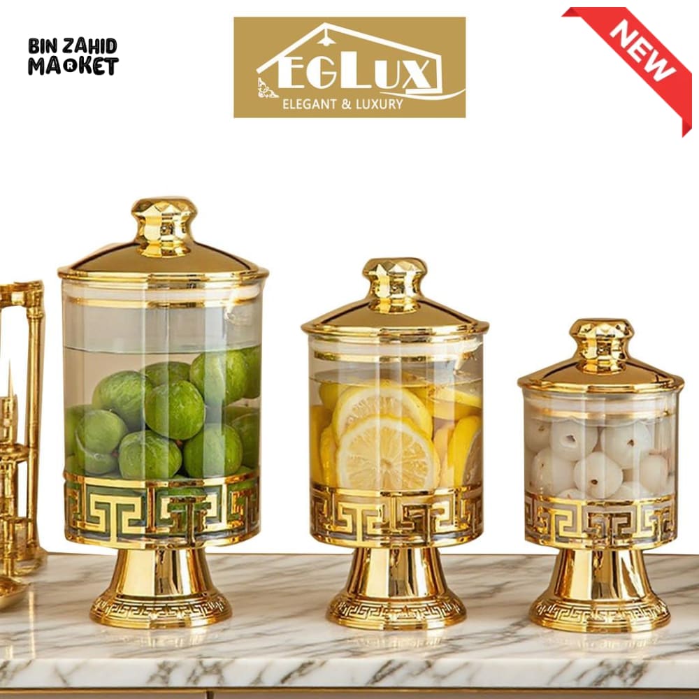 PREMIUM ACRYLIC STORAGE JAR SET WITH GOLDEN STAND - 3 PIECES