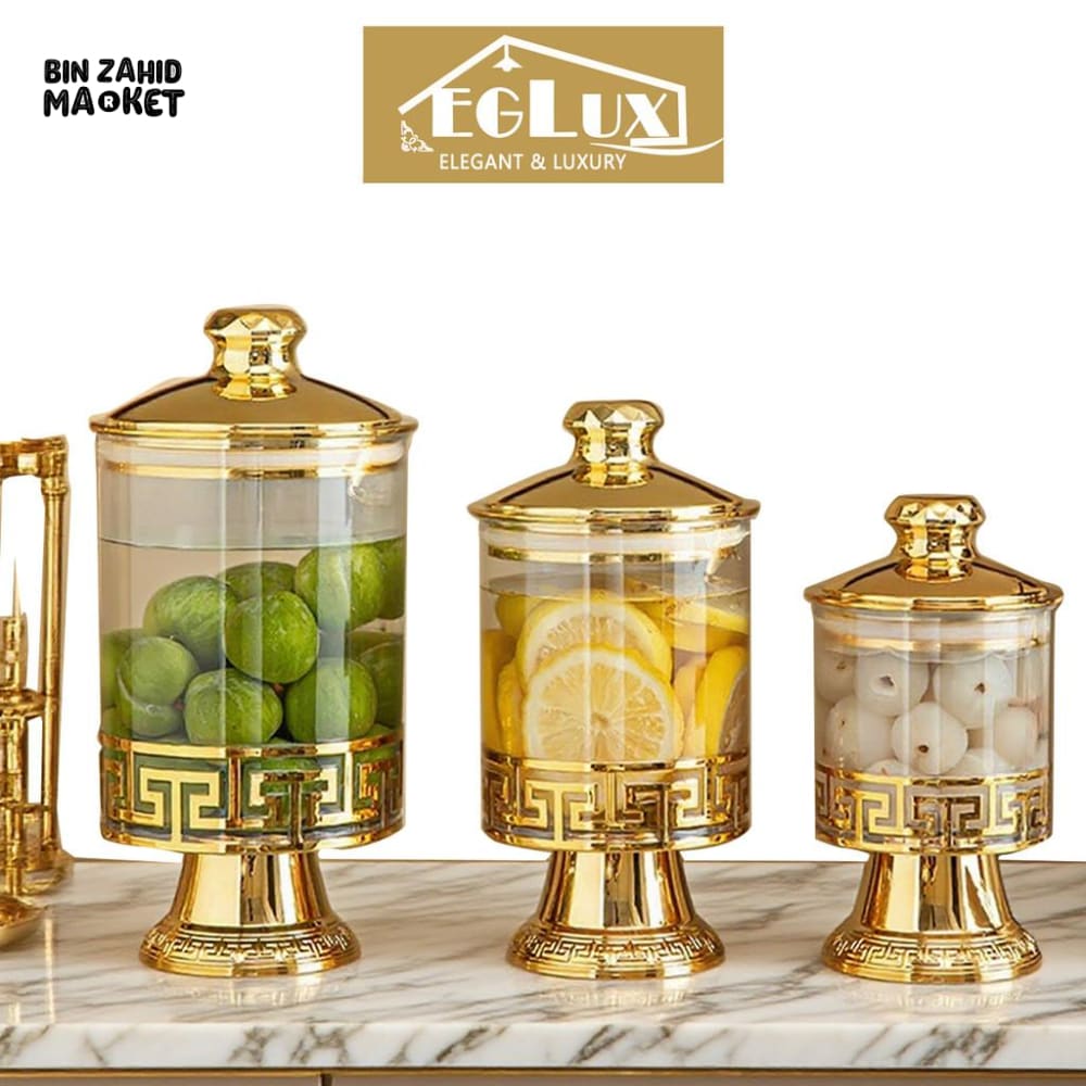 PREMIUM ACRYLIC STORAGE JAR SET WITH GOLDEN STAND - 3 PIECES