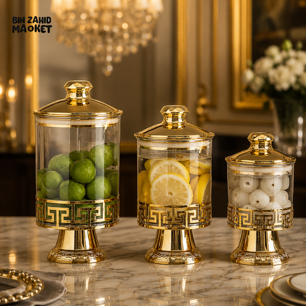 PREMIUM ACRYLIC STORAGE JAR SET WITH GOLDEN STAND - 3 PIECES
