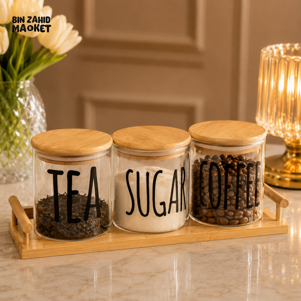 PREMIUM AIRTIGHT GLASS STORAGE JAR SET WITH BAMBOO LIDS & WOODEN TRAY