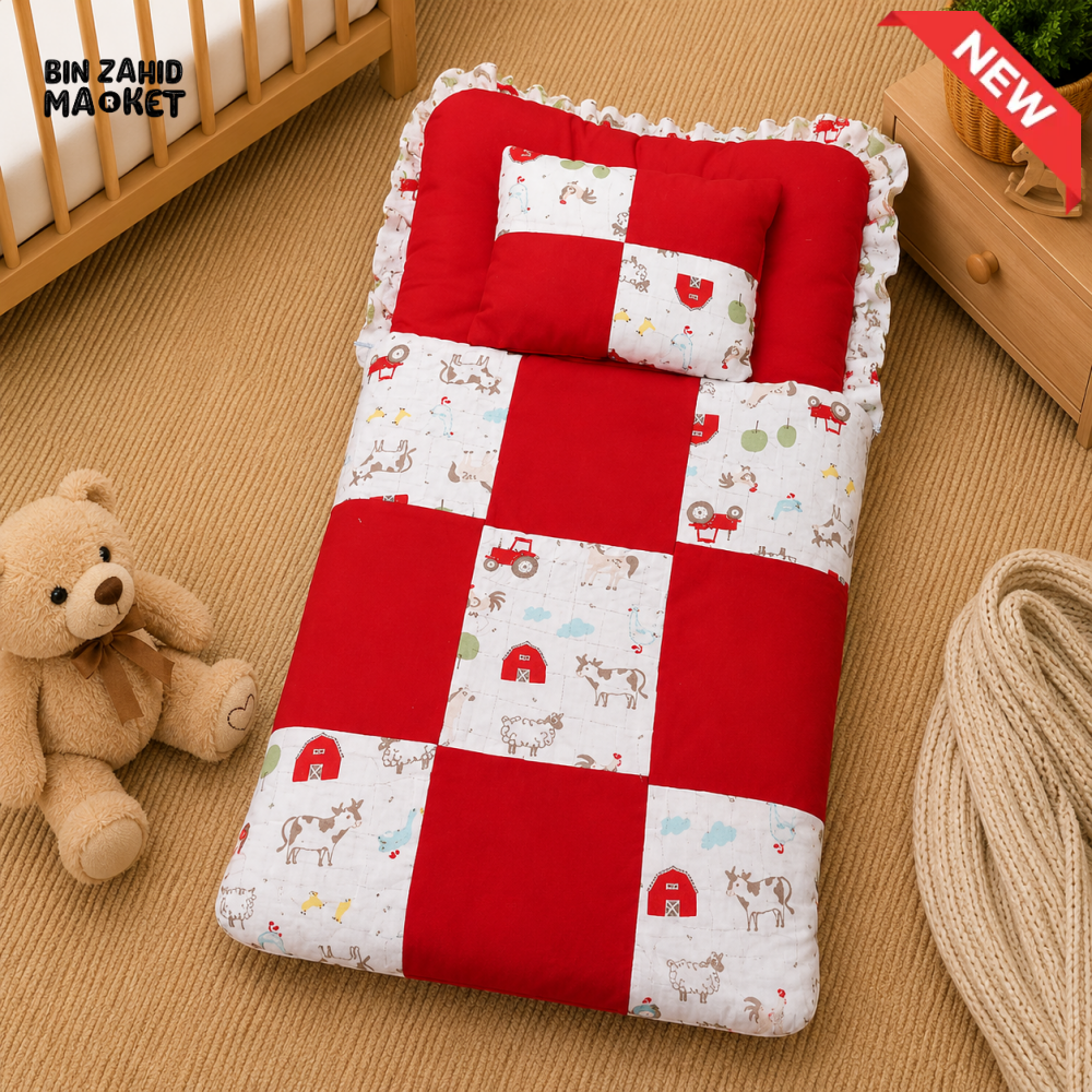 PREMIUM BABY BEDDING SET – FARMHOUSE PATCHWORK DESIGN (RED & WHITE)