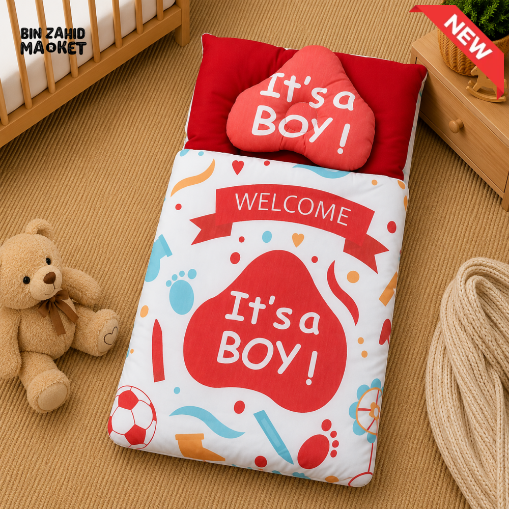 PREMIUM BABY BEDDING SET – “IT’S A BOY” CELEBRATION DESIGN (RED & WHITE)