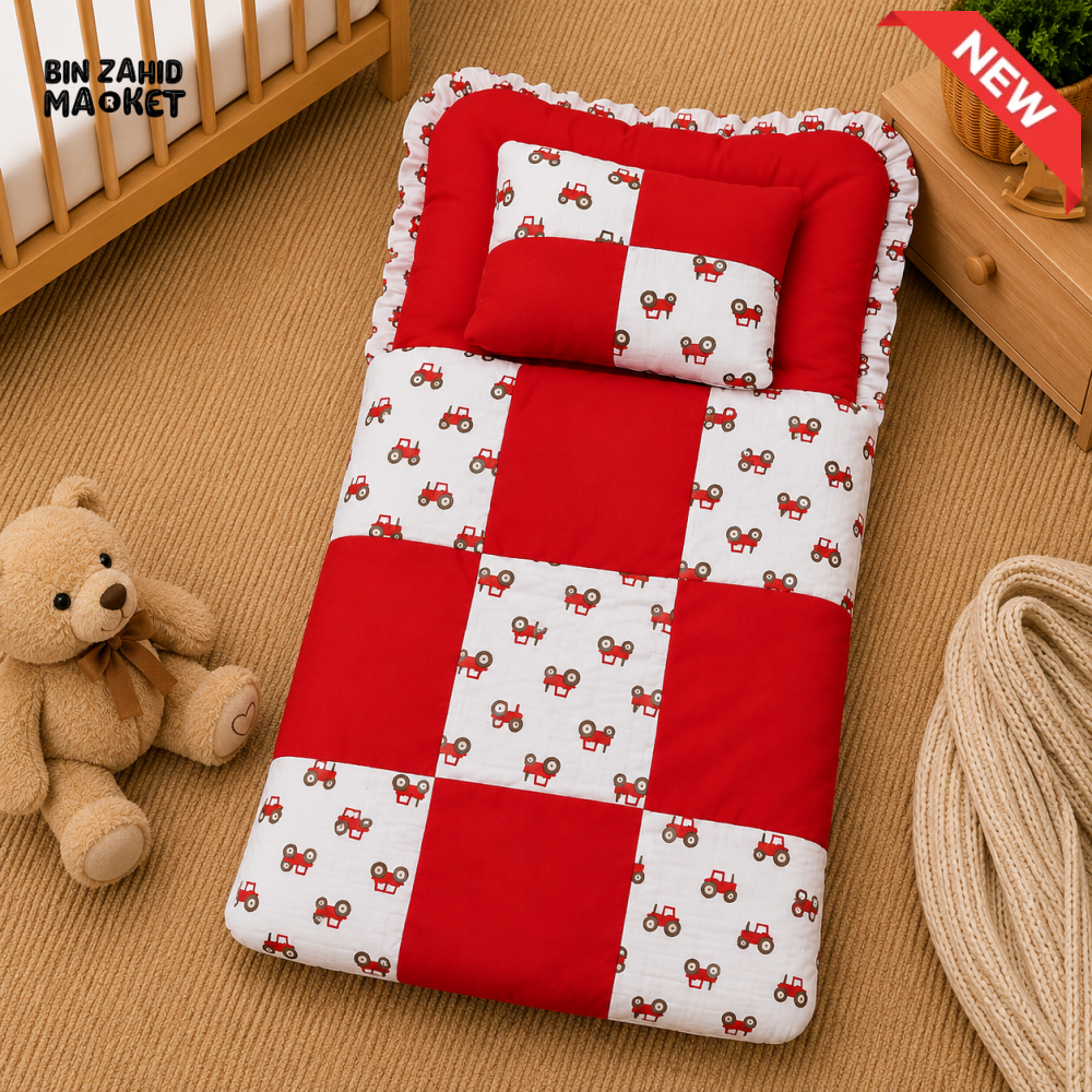 PREMIUM BABY BEDDING SET – TRACTOR PATCHWORK DESIGN (RED & WHITE)
