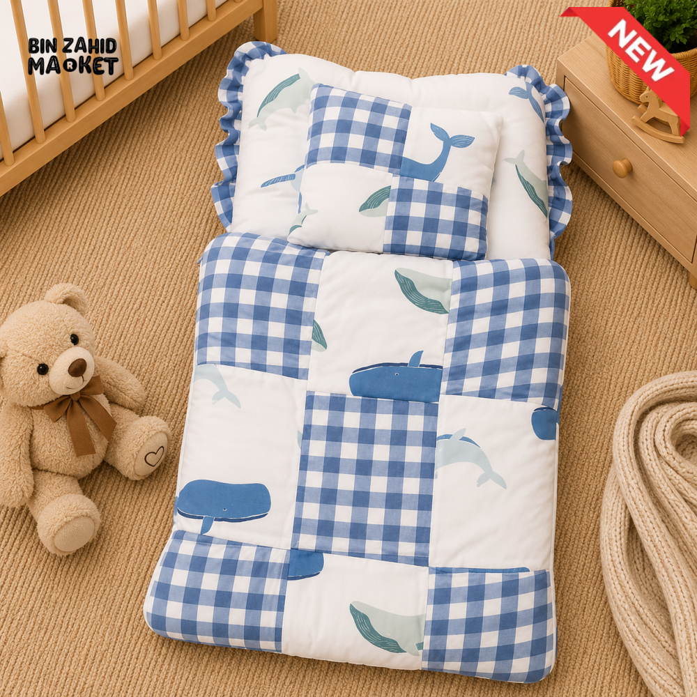 PREMIUM BABY BEDDING SET – WHALE PATCHWORK DESIGN (BLUE & WHITE)