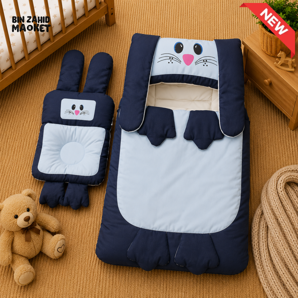 PREMIUM BABY HOODED SLEEPING BAG SET – CUTE BUNNY DESIGN (NAVY BLUE & WHITE)