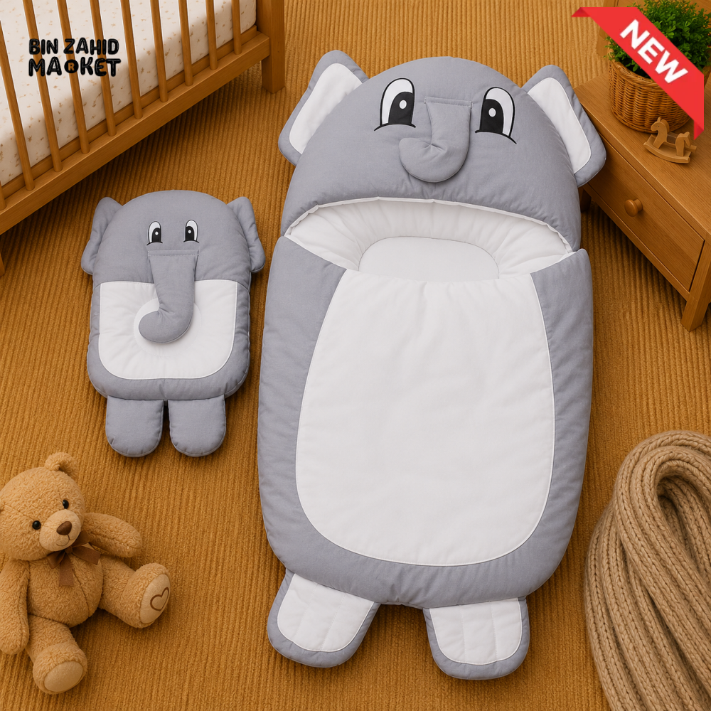 PREMIUM BABY HOODED SLEEPING BAG SET – CUTE ELEPHANT DESIGN (GREY & WHITE)