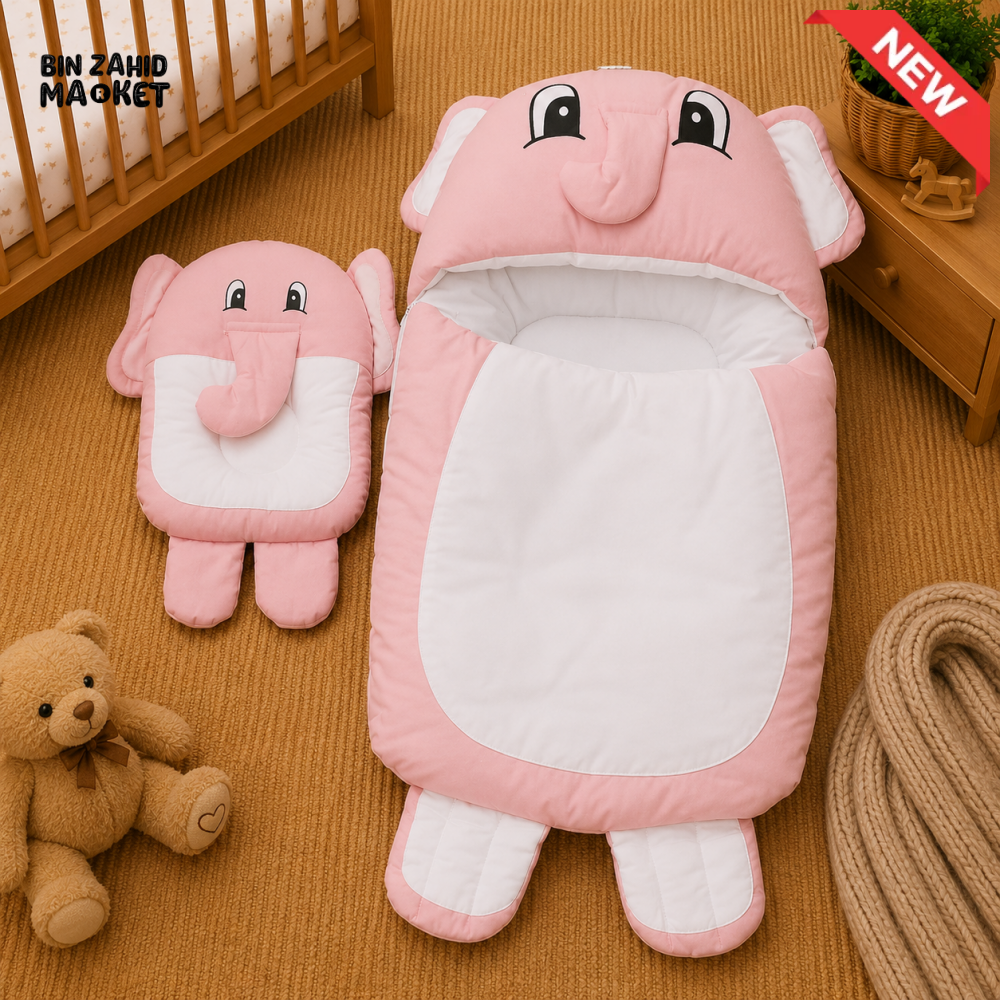 PREMIUM BABY HOODED SLEEPING BAG SET – CUTE ELEPHANT DESIGN (PINK & WHITE)
