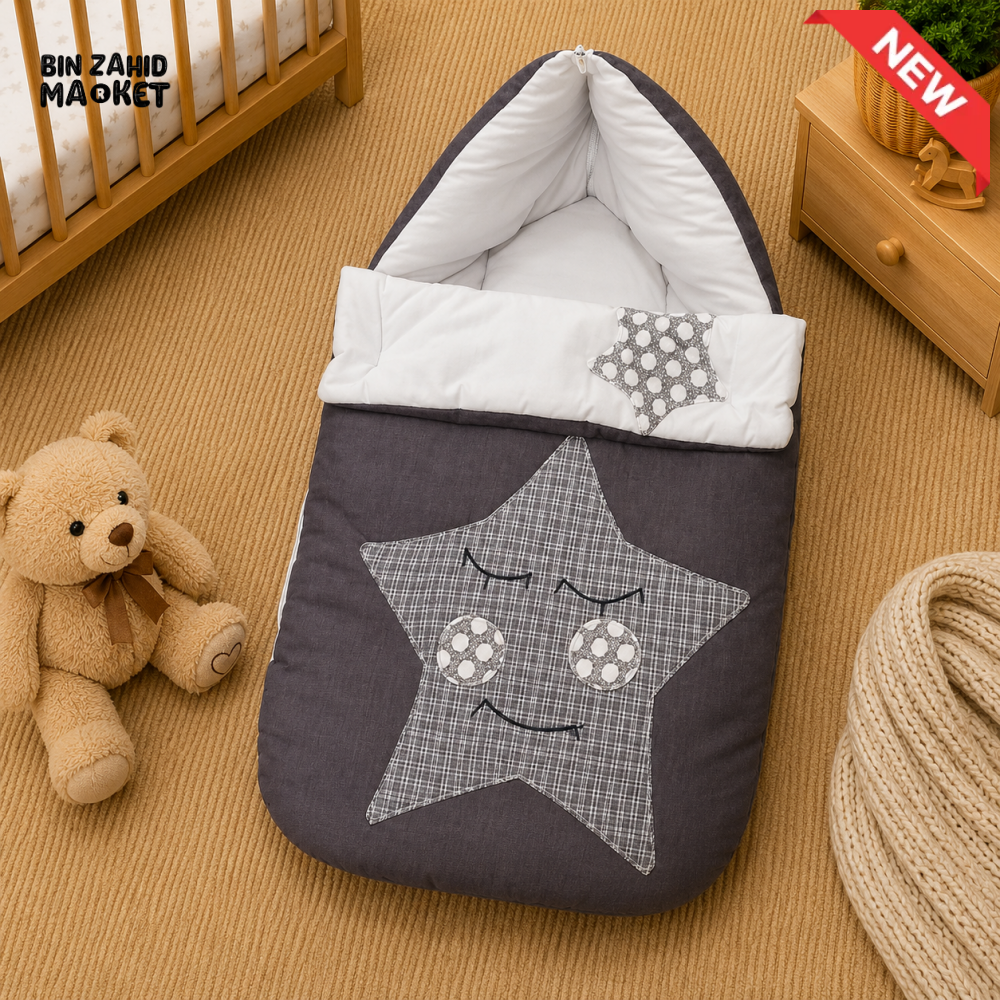 PREMIUM BABY HOODED SLEEPING BAG – STAR PATCHWORK DESIGN (GREY & WHITE)