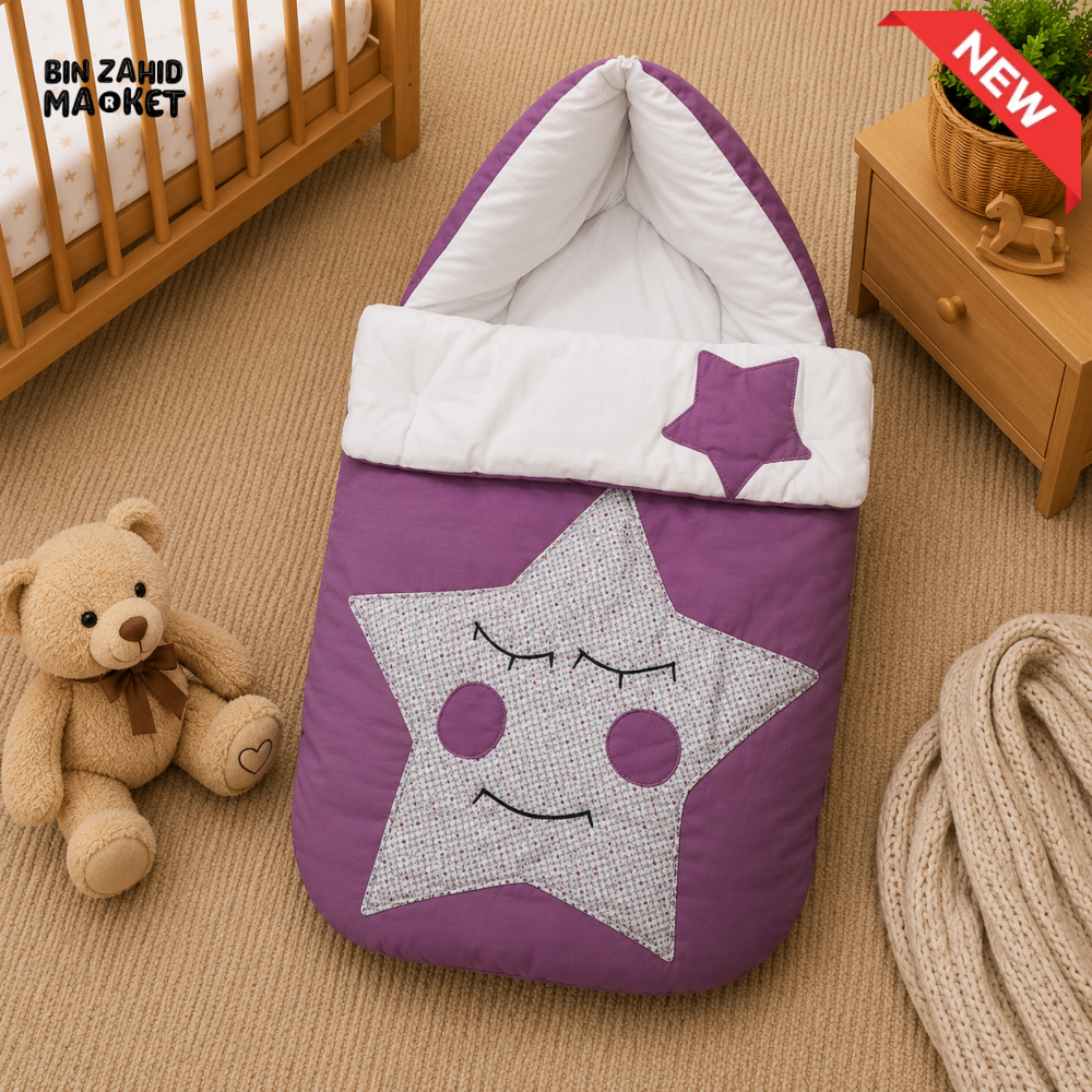 PREMIUM BABY HOODED SLEEPING BAG – STAR PATCHWORK DESIGN (LAVENDER & WHITE)