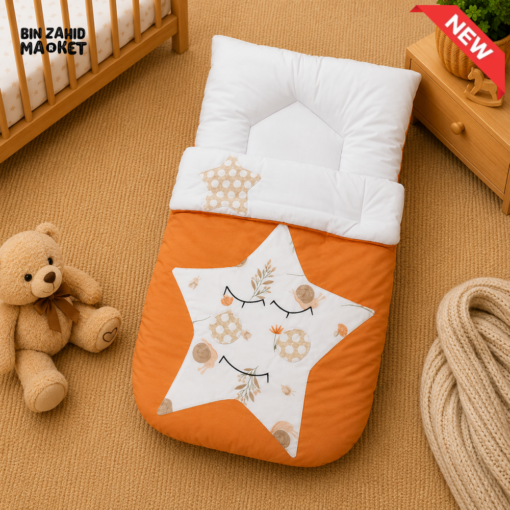 PREMIUM BABY HOODED SLEEPING BAG – STAR PATCHWORK DESIGN (ORANGE & WHITE)