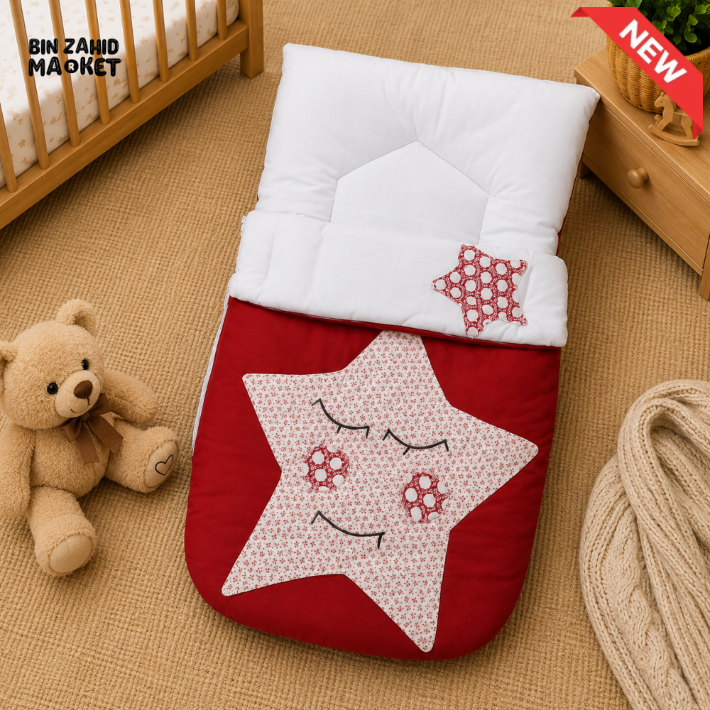 PREMIUM BABY HOODED SLEEPING BAG – STAR PATCHWORK DESIGN (RED & WHITE)