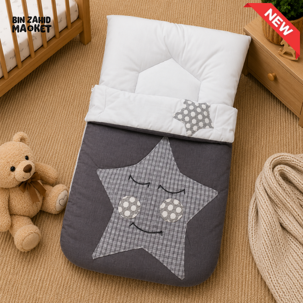PREMIUM BABY SLEEPING BAG & BEDDING SET – STAR PATCHWORK DESIGN (GREY & WHITE)