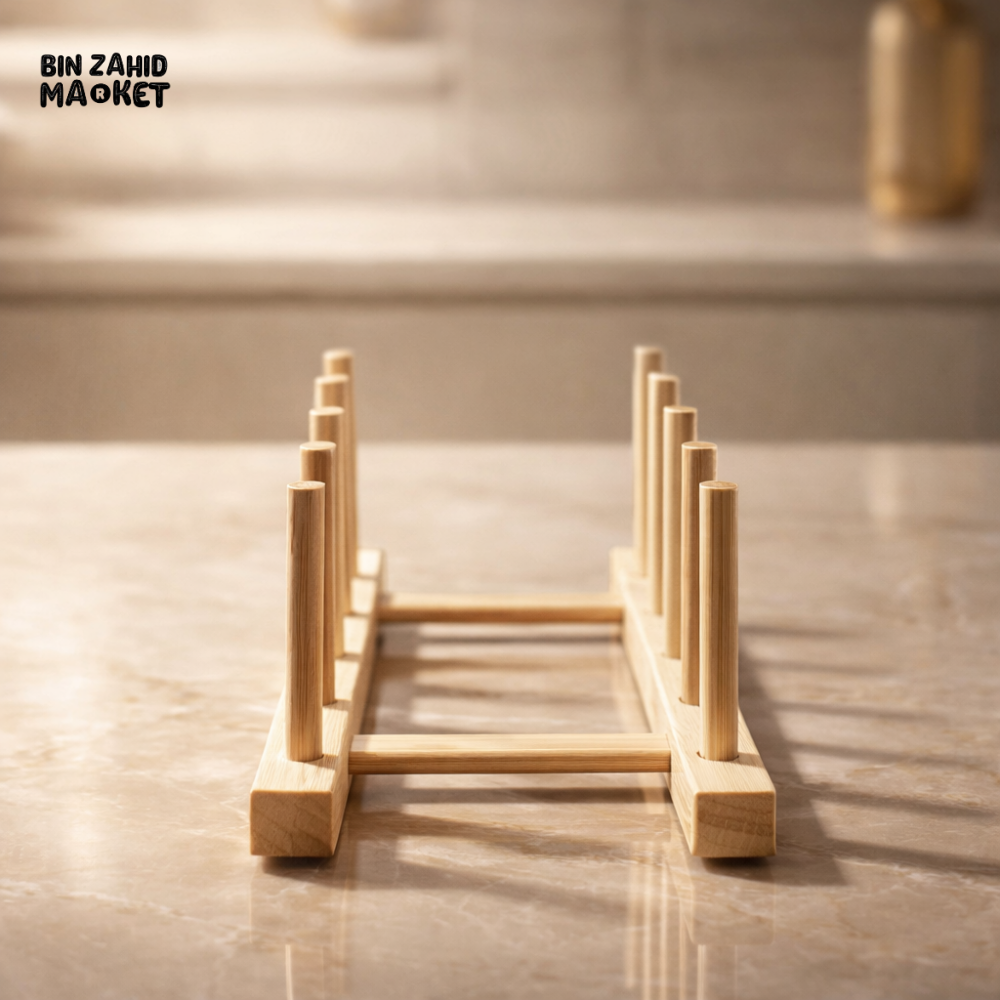 PREMIUM BAMBOO DISH RACK WITH PLATE HOLDER – MODERN KITCHEN COUNTERTOP ORGANIZER STAND - 4 STEPS