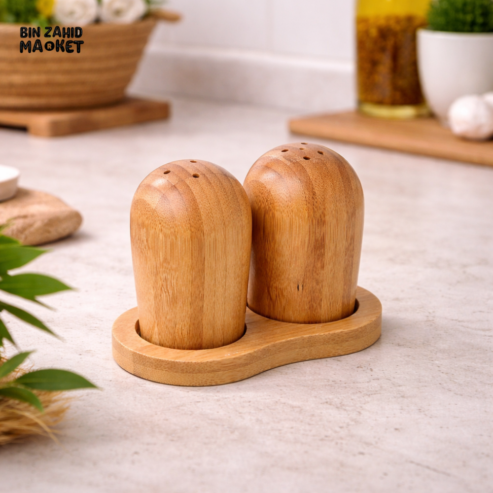 PREMIUM BAMBOO SALT & PEPPER SHAKER SET WITH STAND – MODERN NATURAL KITCHEN ESSENTIAL