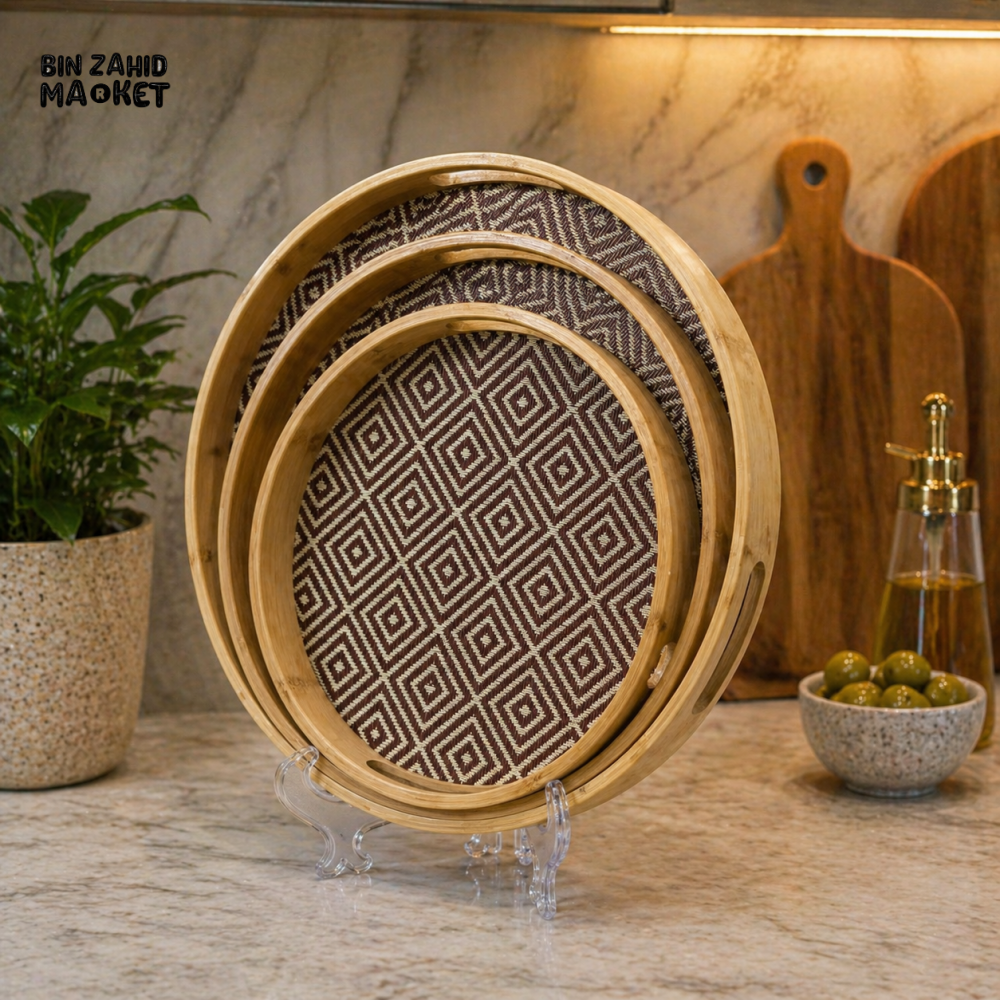 PREMIUM BAMBOO SERVING TRAY SET WITH DESIGN BASE 3 PIECES