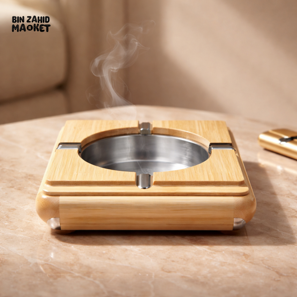 PREMIUM BAMBOO & STAINLESS STEEL ASH TRAY – LUXURY MODERN TABLETOP SMOKING ACCESSORY