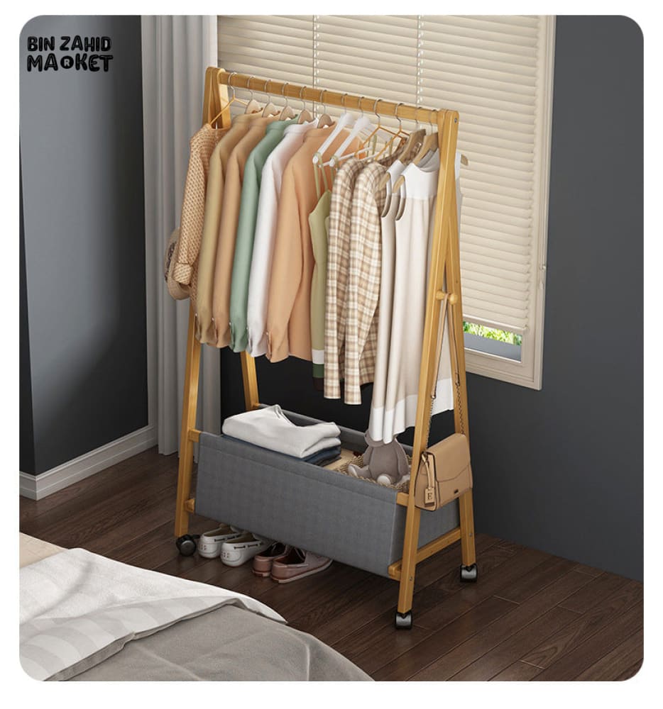 PREMIUM BAMBOO WOODEN CLOTHES STAND – ELEGANT CLOTHES RACK WITH STORAGE SHELF