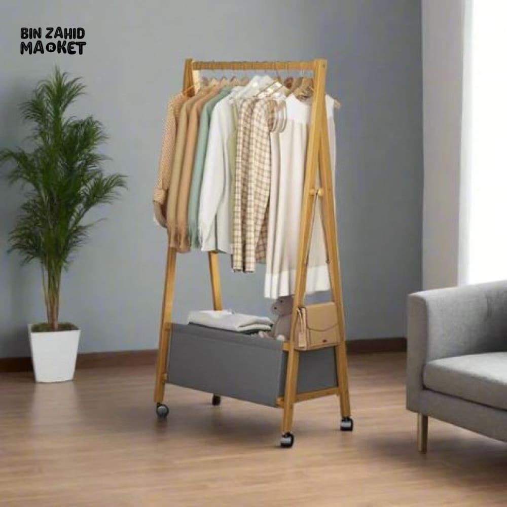 PREMIUM BAMBOO WOODEN CLOTHES STAND – ELEGANT CLOTHES RACK WITH STORAGE SHELF