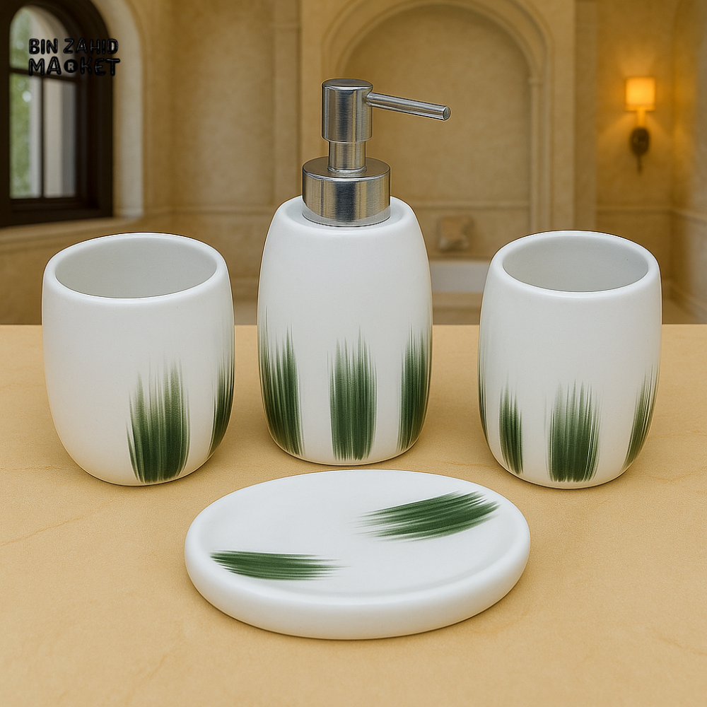 PREMIUM BATHROOM SET – CERAMIC LOTION DISPENSER, CUP, HOLDER & SOAP TRAY - WHITE JY018