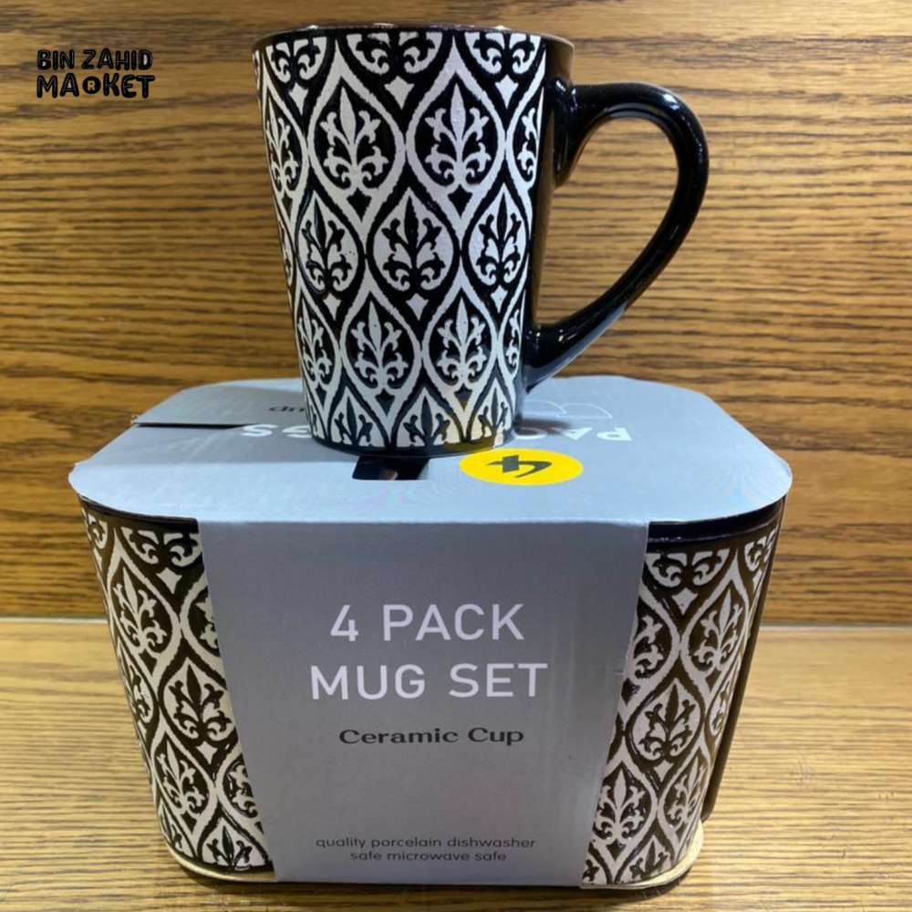 PREMIUM BLACK DAMASK PATTERN CERAMIC COFFEE MUG 4 PIECES