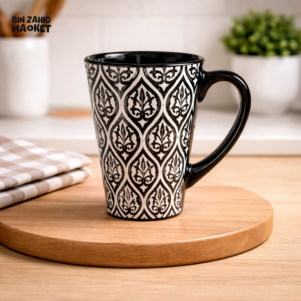 PREMIUM BLACK DAMASK PATTERN CERAMIC COFFEE MUG 4 PIECES