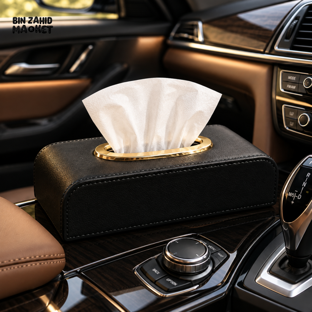 PREMIUM BLACK LEATHER-LOOK CAR TISSUE BOX WITH GOLD-TONE TRIM