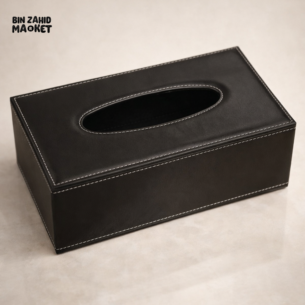 PREMIUM BLACK LEATHER TISSUE BOX COVER – LUXURY RECTANGULAR DESK & TABLE ORGANIZER