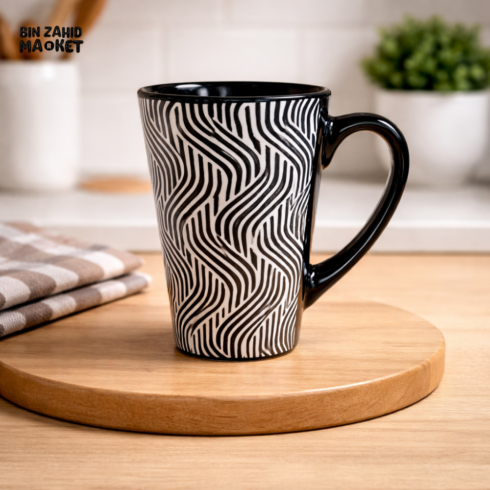 PREMIUM BLACK WAVE PATTERN CERAMIC COFFEE MUG 4 PIECES