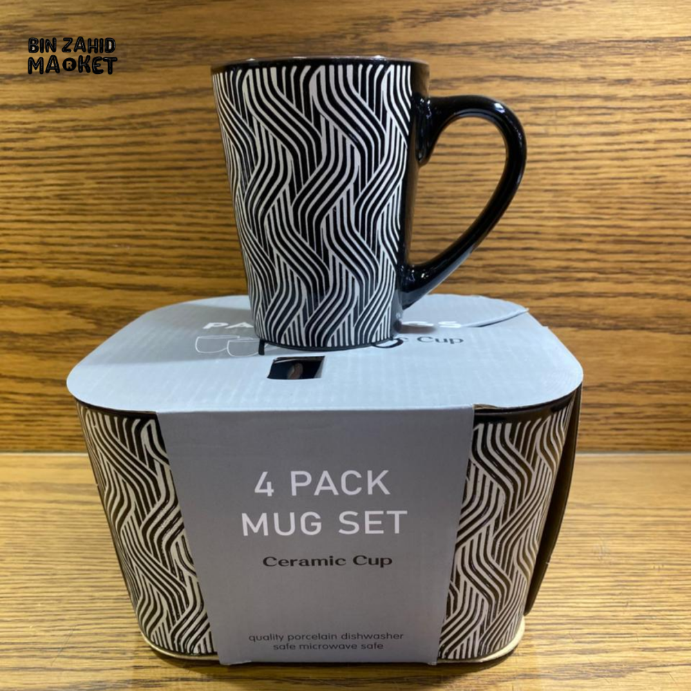 PREMIUM BLACK WAVE PATTERN CERAMIC COFFEE MUG 4 PIECES