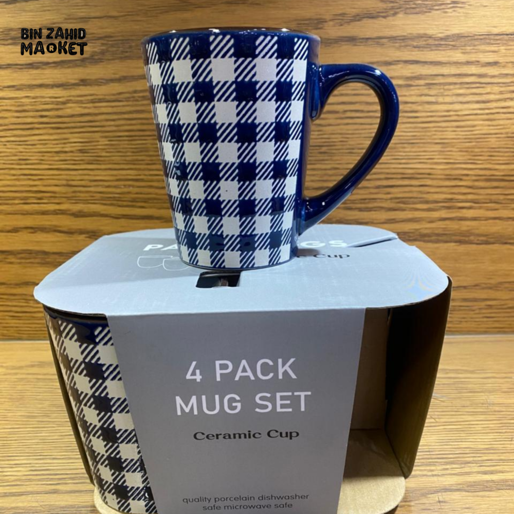 PREMIUM BLUE CHECKERED CERAMIC COFFEE MUG 4 PIECES