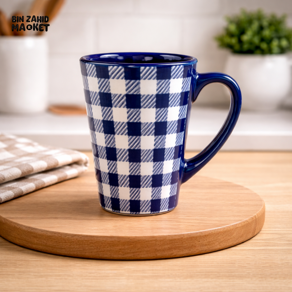 PREMIUM BLUE CHECKERED CERAMIC COFFEE MUG 4 PIECES