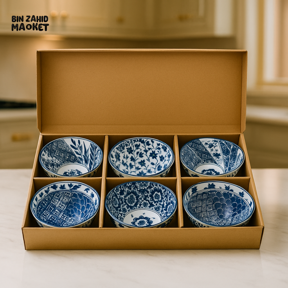 PREMIUM BLUE FLORAL RICE/SOUP BOWLS – 6 PIECES WITH GIFT PACK