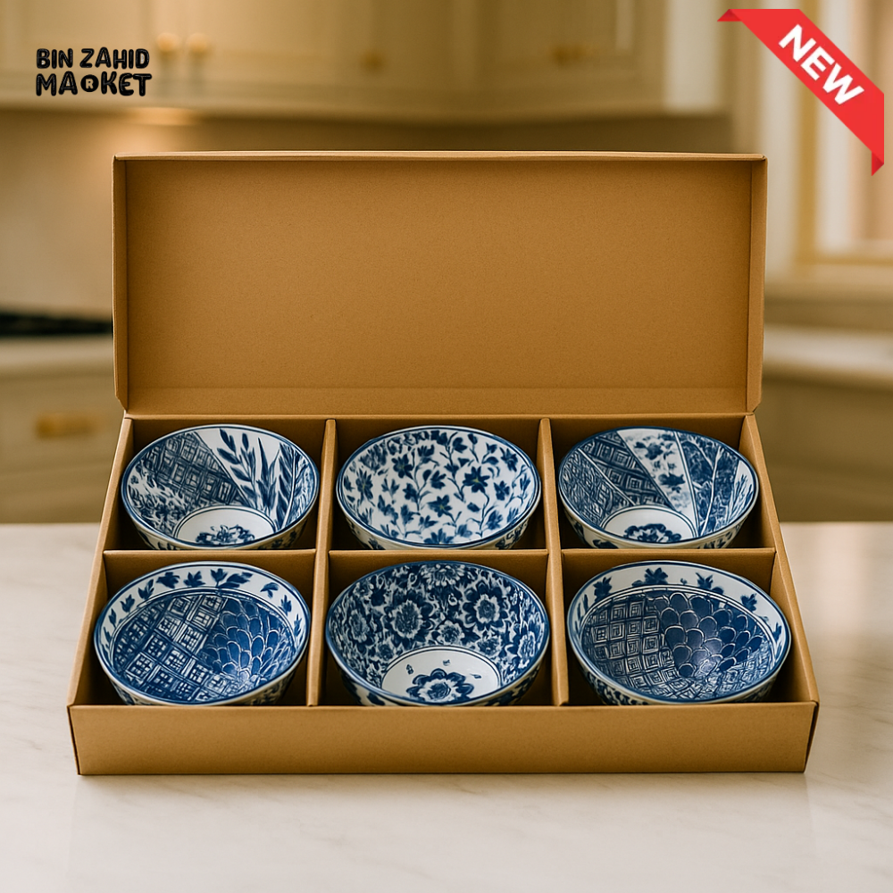 PREMIUM BLUE FLORAL RICE/SOUP BOWLS – 6 PIECES WITH GIFT PACK
