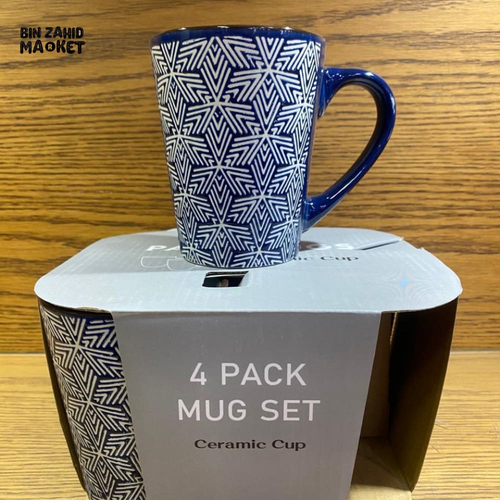 PREMIUM BLUE GEOMETRIC PATTERN CERAMIC COFFEE MUG 4 PIECES