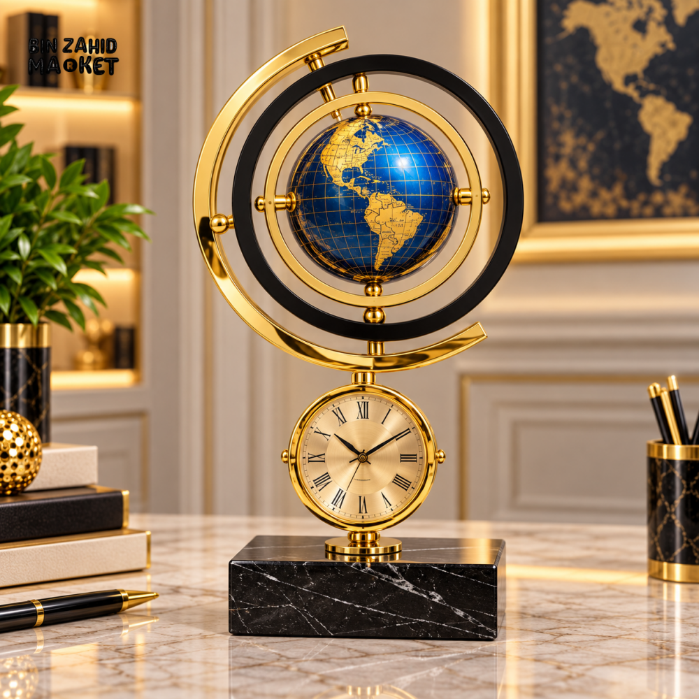 PREMIUM BLUE & GOLD WORLD GLOBE TABLE CLOCK WITH MARBLE BASE