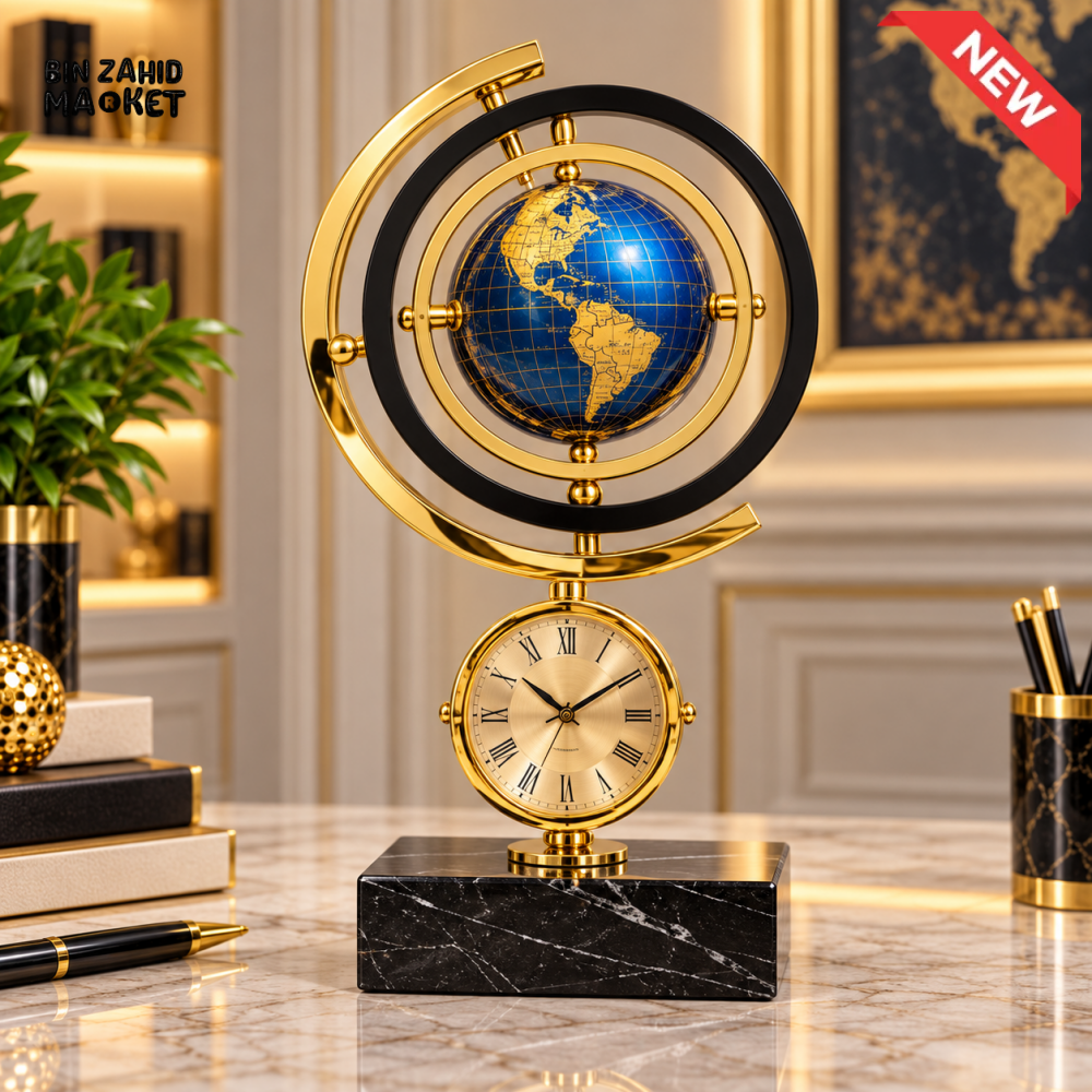 PREMIUM BLUE & GOLD WORLD GLOBE TABLE CLOCK WITH MARBLE BASE