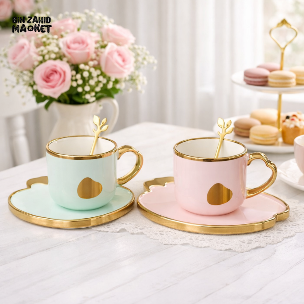 PREMIUM CERAMIC CUP & SAUCER SET – GOLD ACCENT DESIGN