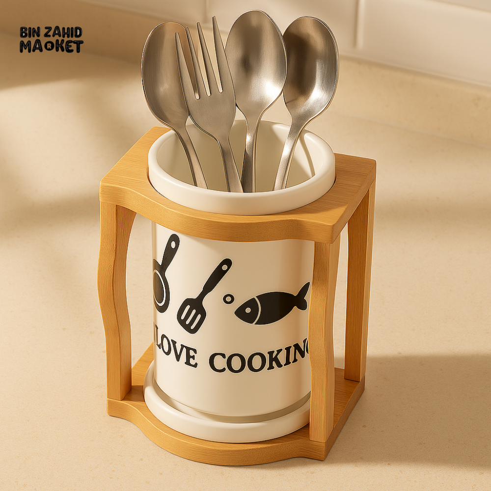 Premium Ceramic Cutlery Holder with Wooden Stand