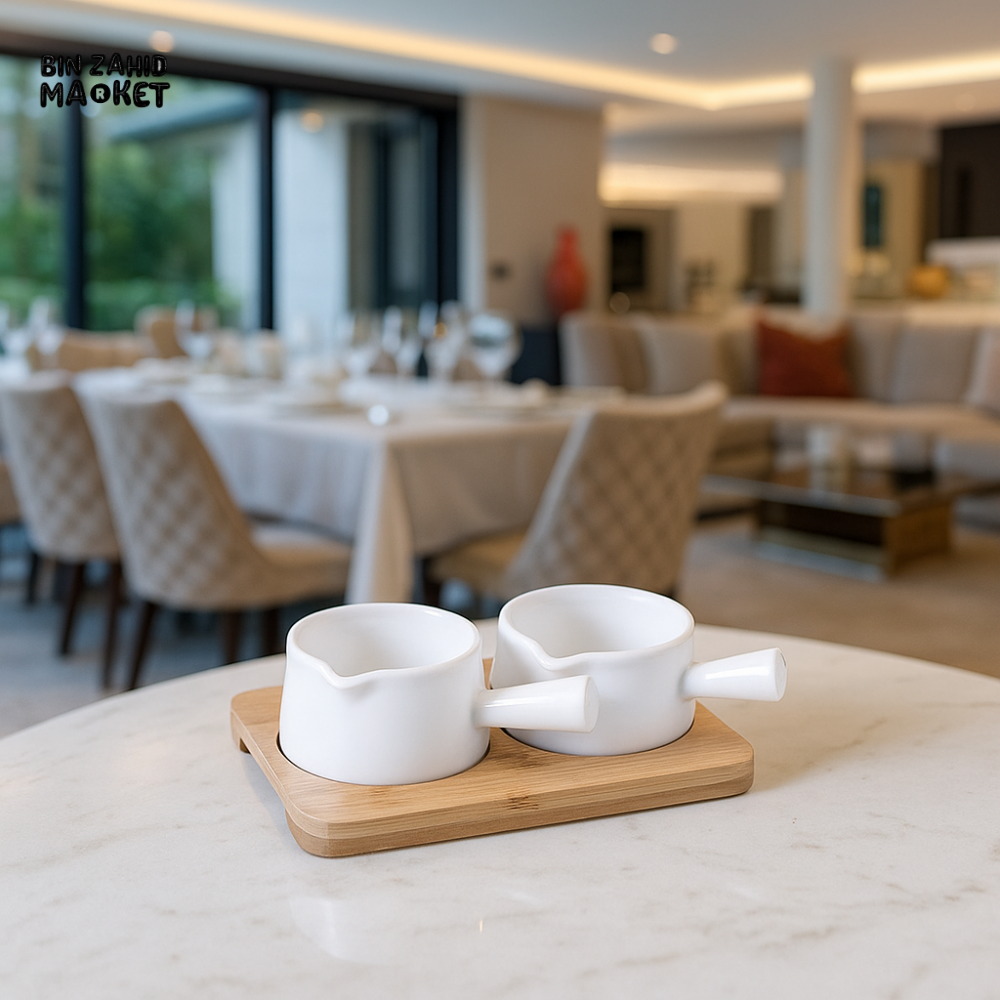 PREMIUM CERAMIC SAUCE POT SET WITH WOODEN TRAY – LUXURY DINING SERVING BOWLS