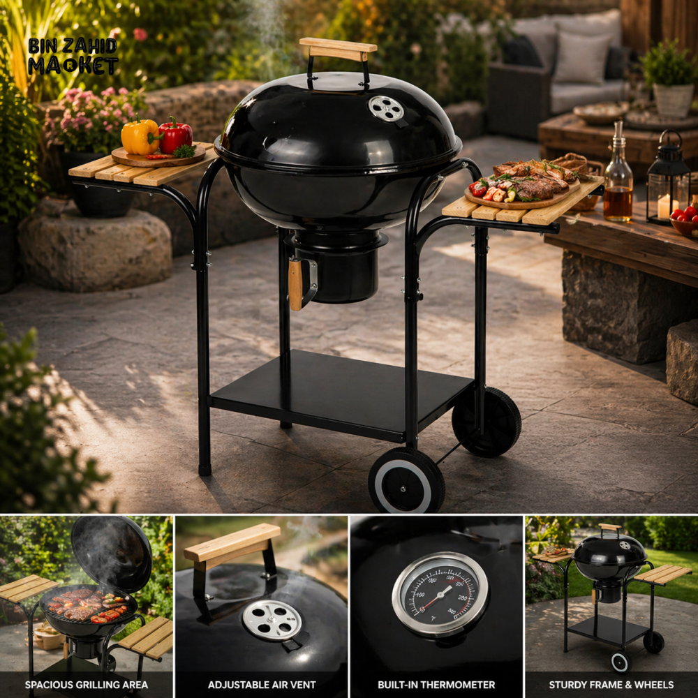 PREMIUM CHARCOAL KETTLE BBQ GRILL WITH SIDE TABLES