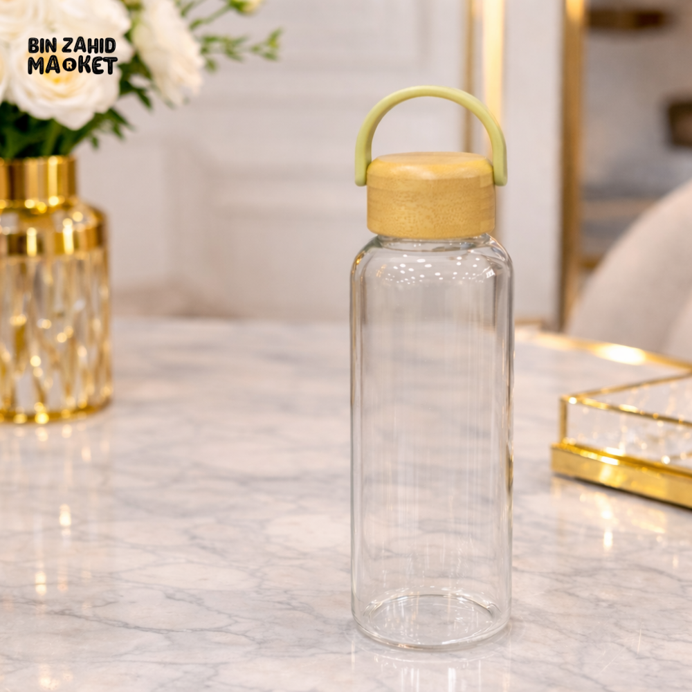 PREMIUM CLEAR GLASS WATER BOTTLE WITH BAMBOO LID & HANDLE - 1000ML