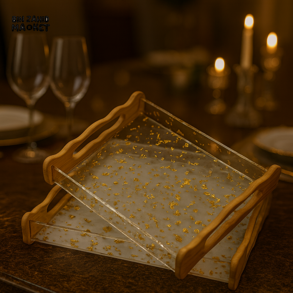 PREMIUM CLEAR RESIN SERVING TRAYS WITH WOOD SIDES – 2 PIECES