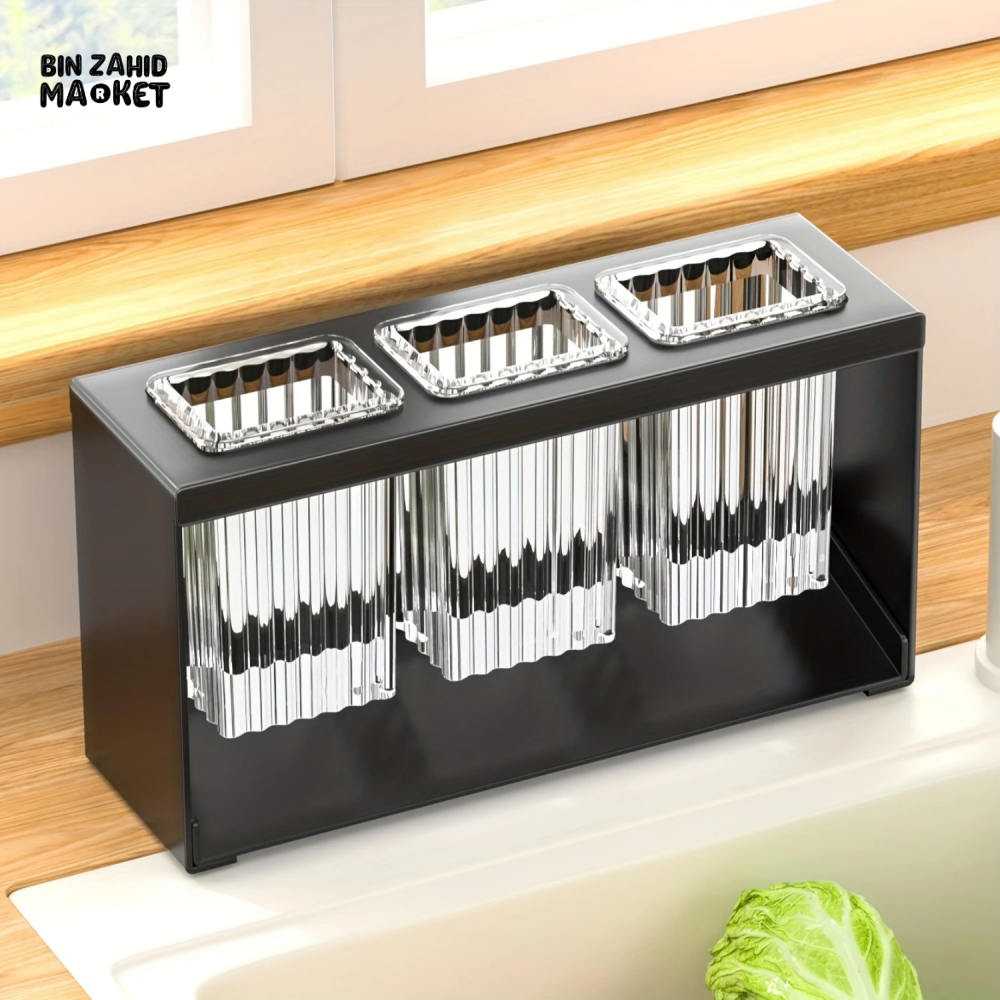 PREMIUM COUNTERTOP CUTLERY DRYING HOLDER TABLEWARE DRAINER BOX WITH SEPARATE COMPARTMENTS FOR FORKS & CHOPSTICKS BLACK TABLETOP STORAGE ORGANIZER