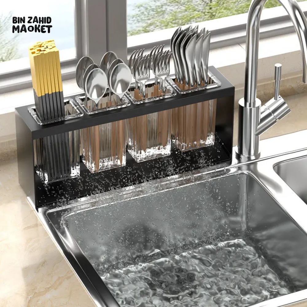 PREMIUM COUNTERTOP CUTLERY DRYING HOLDER TABLEWARE DRAINER BOX WITH SEPARATE COMPARTMENTS FOR FORKS & CHOPSTICKS BLACK TABLETOP STORAGE ORGANIZER
