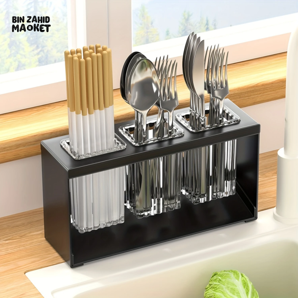 PREMIUM COUNTERTOP CUTLERY DRYING HOLDER TABLEWARE DRAINER BOX WITH SEPARATE COMPARTMENTS FOR FORKS & CHOPSTICKS BLACK TABLETOP STORAGE ORGANIZER