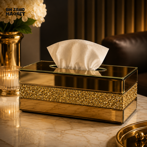 PREMIUM CRYSTAL DIAMOND MIRROR GLASS TISSUE BOX HOLDER - GOLDEN