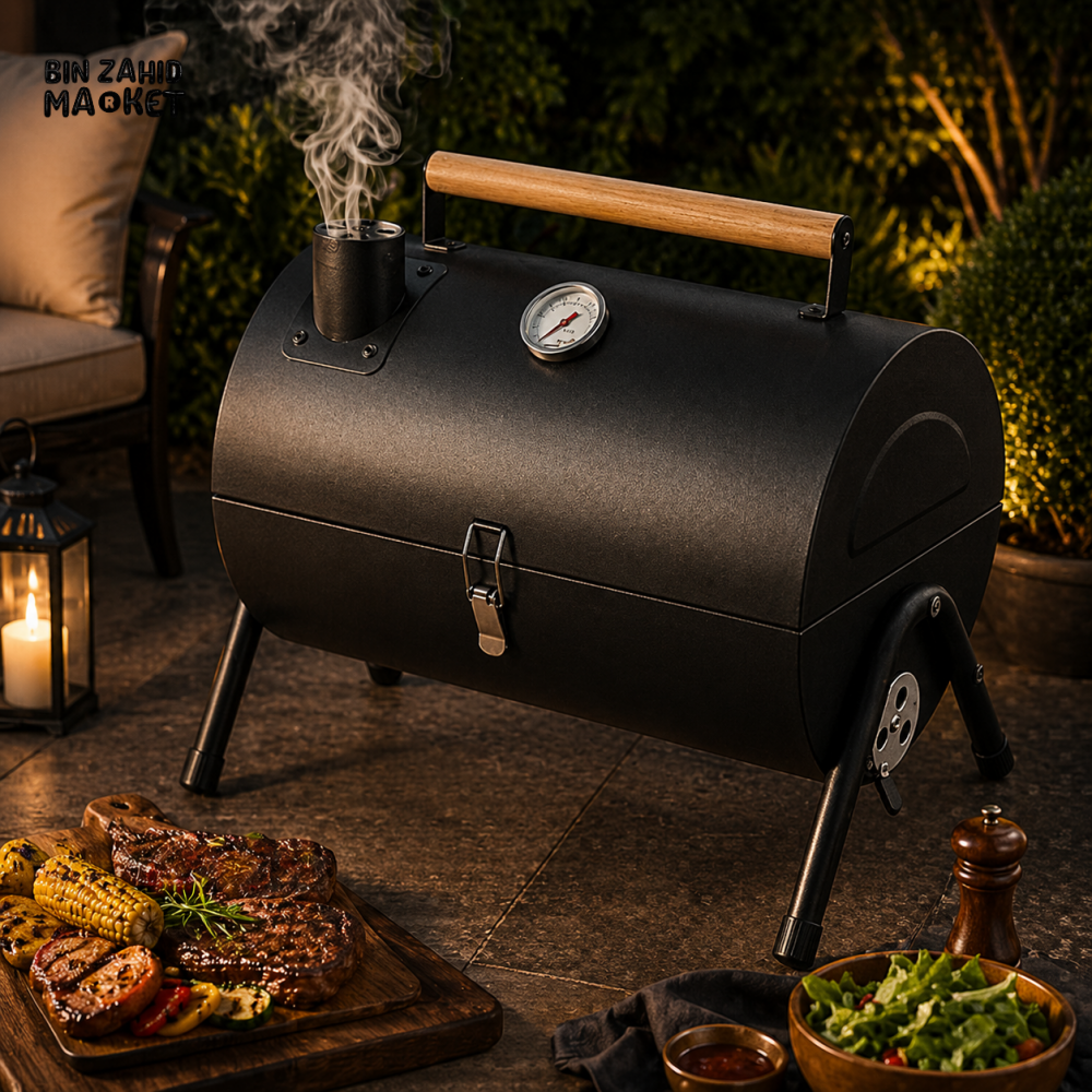 PREMIUM CYLINDER CHARCOAL BBQ SMOKER GRILL WITH WOODEN HANDLE